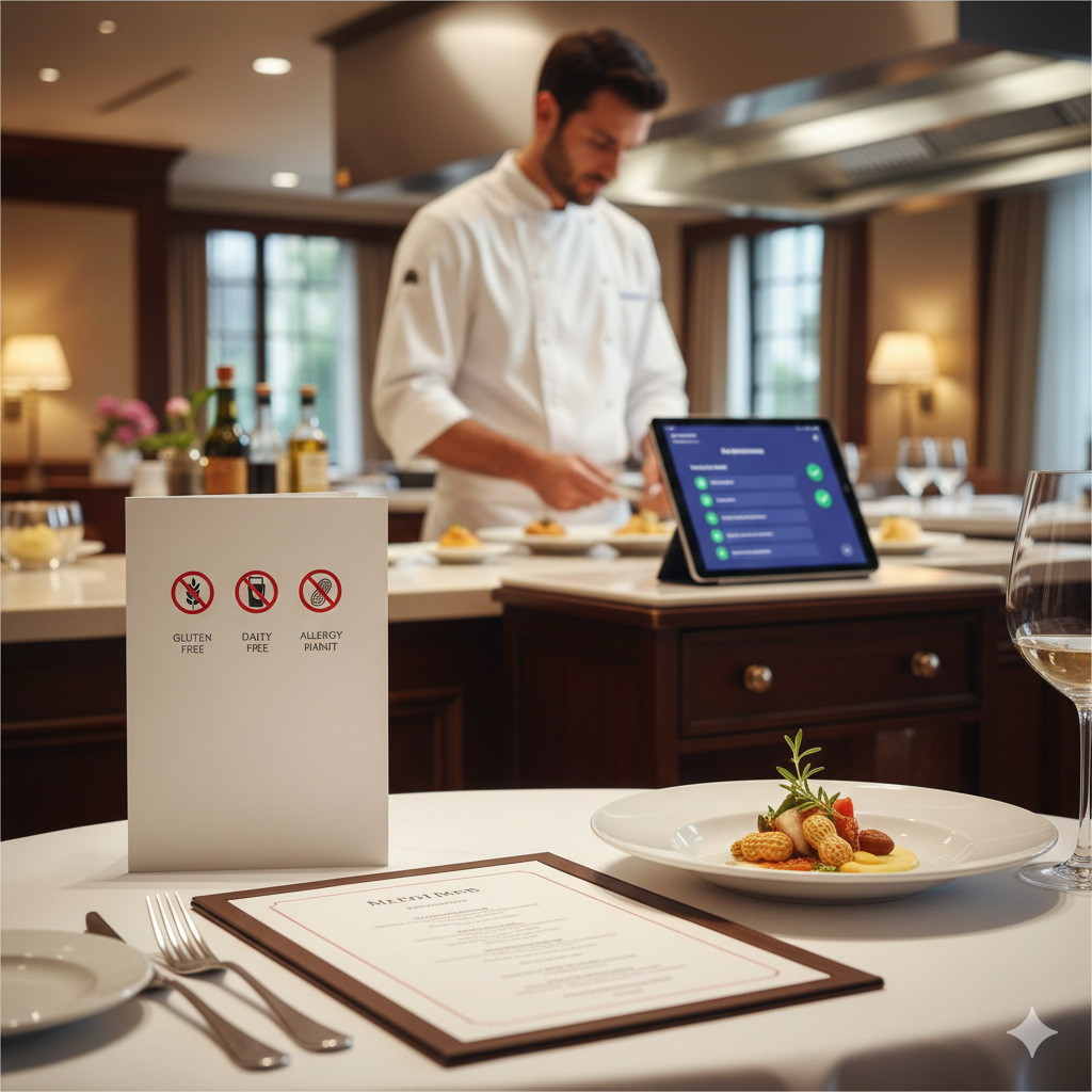 Hotel F&B allergen disclosure menu with digital allergen tracking system