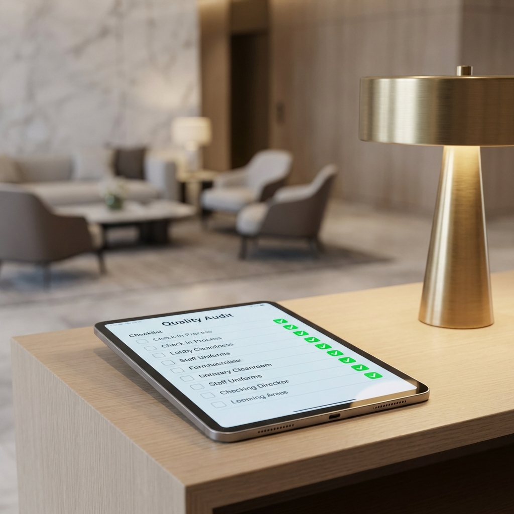Digital tablet showing a hotel quality audit checklist