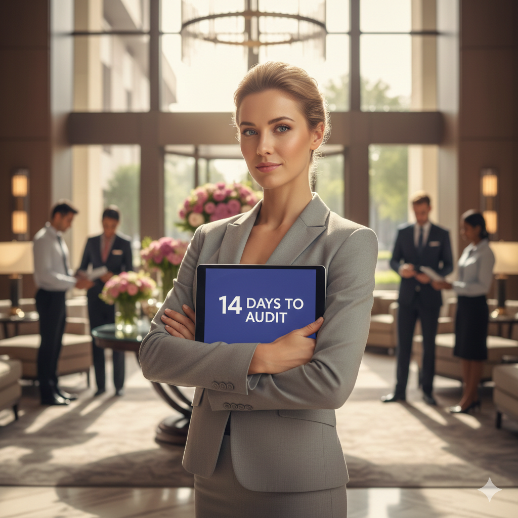 Hotel general manager reviewing inspection checklist with department heads