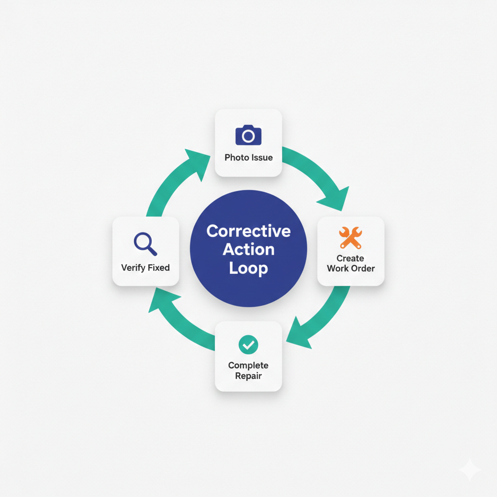Hotel manager reviewing corrective action dashboard showing open items and completion status