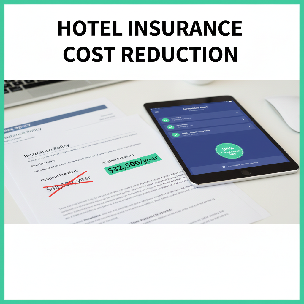 Hotel risk manager reviewing digital audit reports with insurance documentation