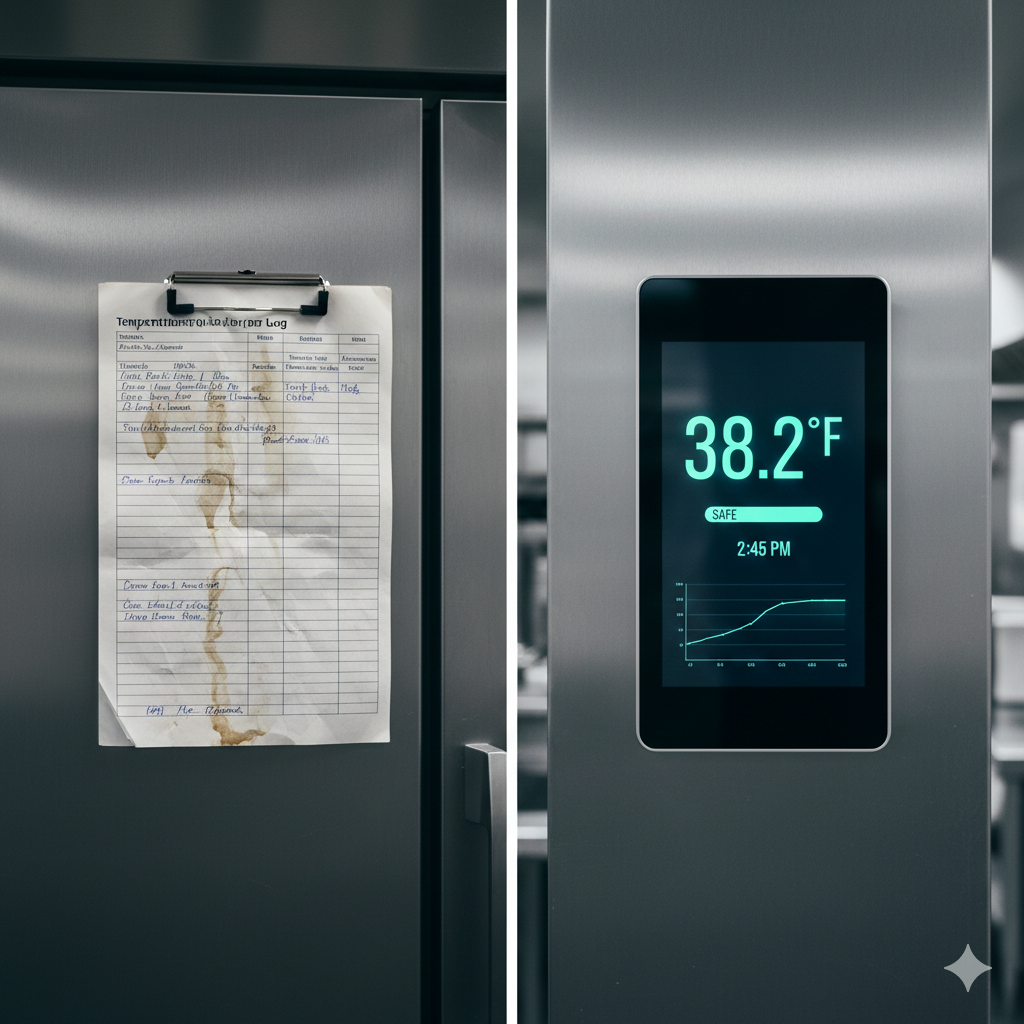 Kitchen staff using digital thermometer connected to tablet for real-time temperature logging