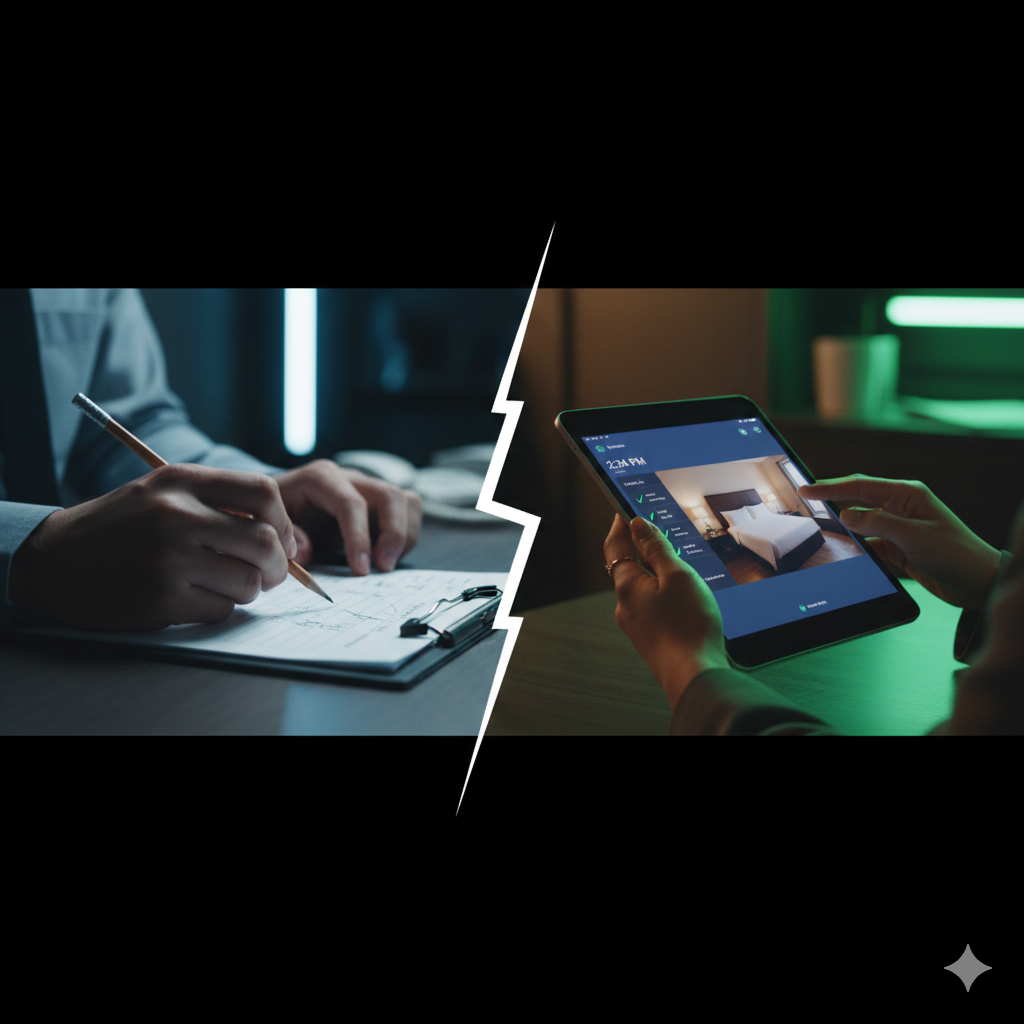 Hotel staff member completing digital inspection on tablet with photo verification