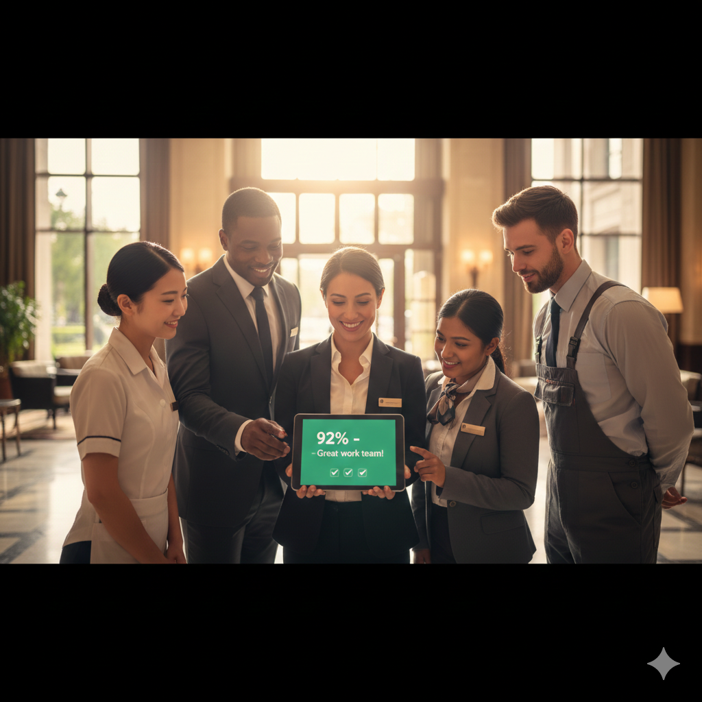 Hotel team gathered around tablet reviewing audit results with engaged expressions