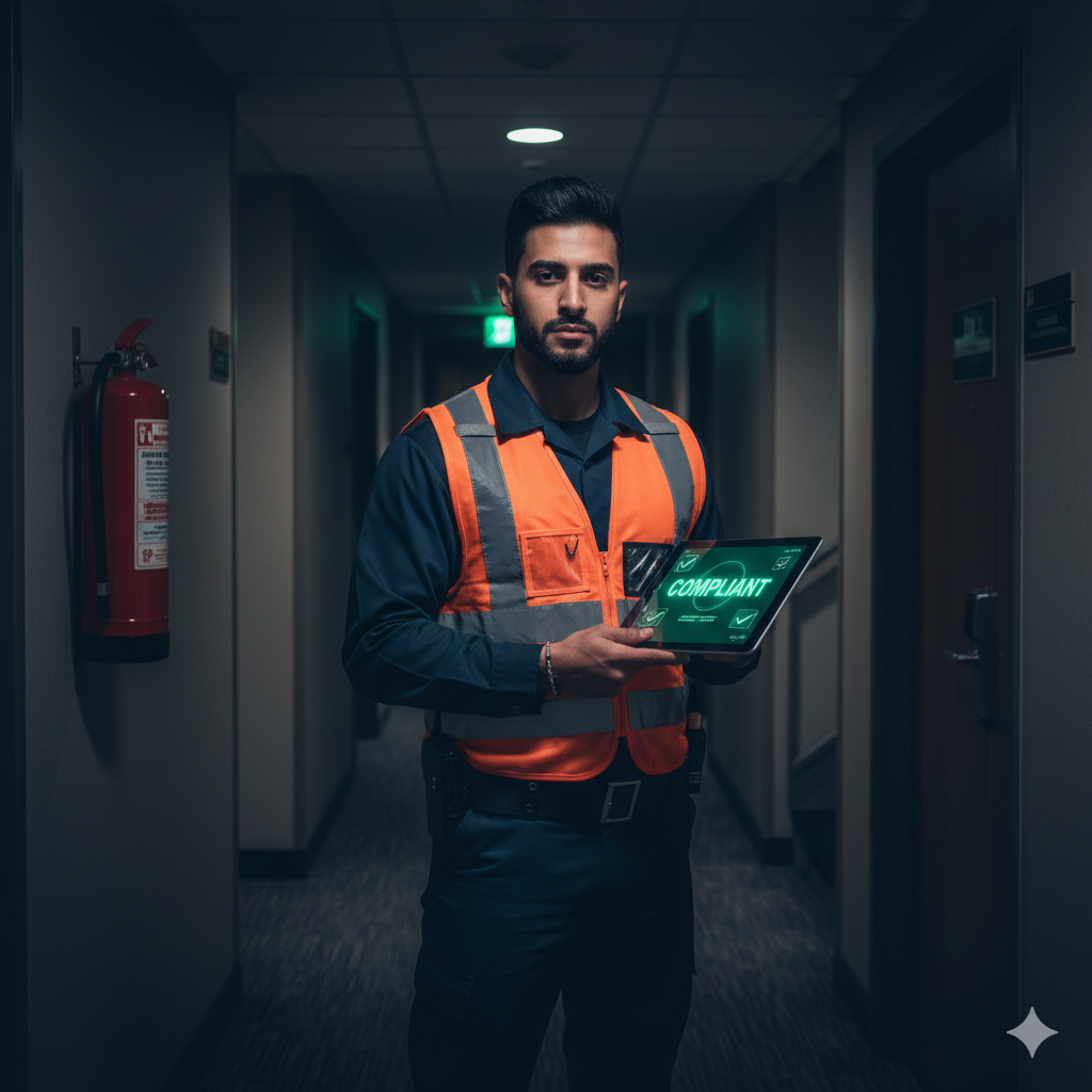 Fire alarm pull station and exit sign in hotel corridor