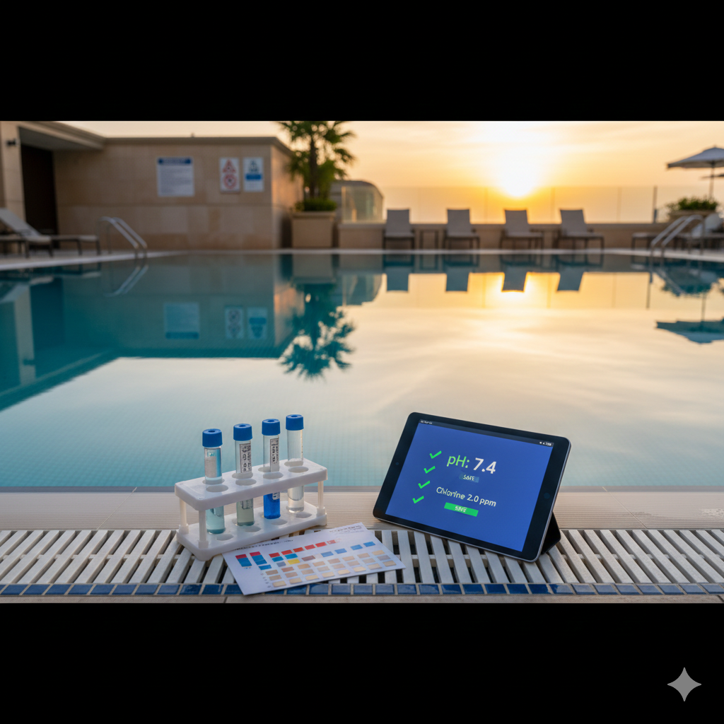 Hotel staff testing pool water chemistry with digital testing equipment