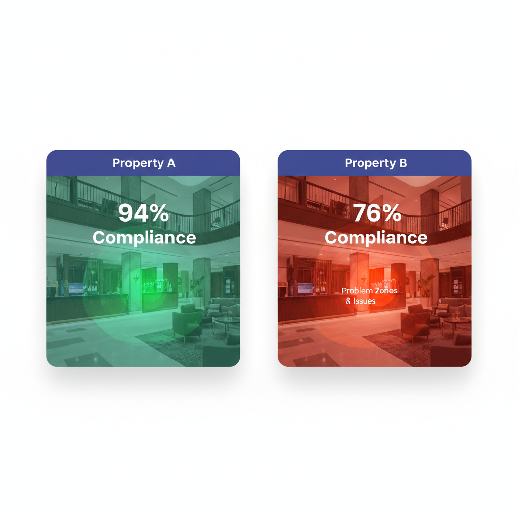 Hotel property benchmarking dashboard showing normalized KPI comparisons across portfolio