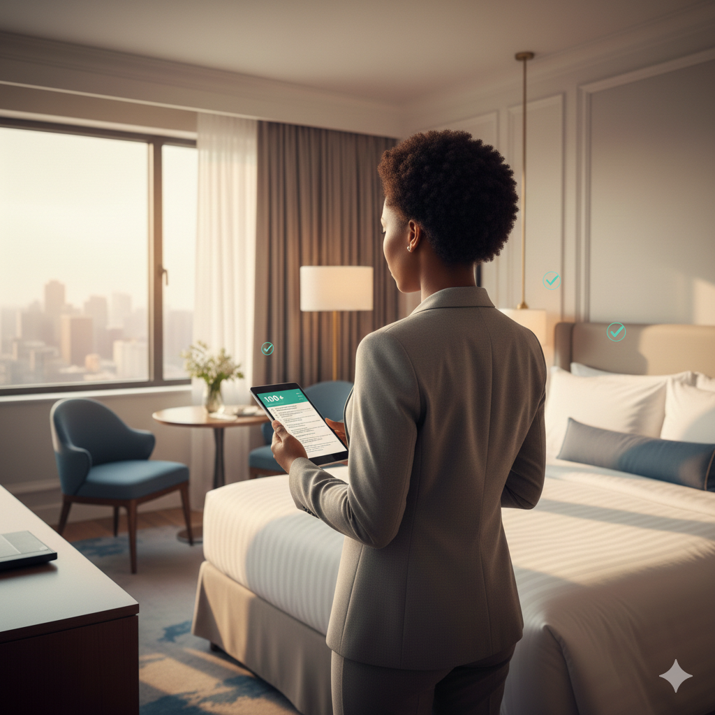 Hotel supervisor inspecting guest room with digital tablet checklist