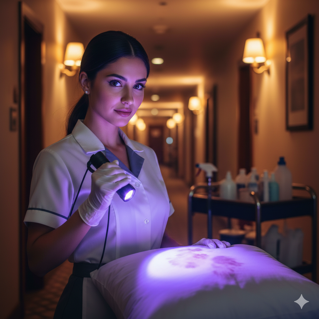 Housekeeping supervisor inspecting hotel room with checklist