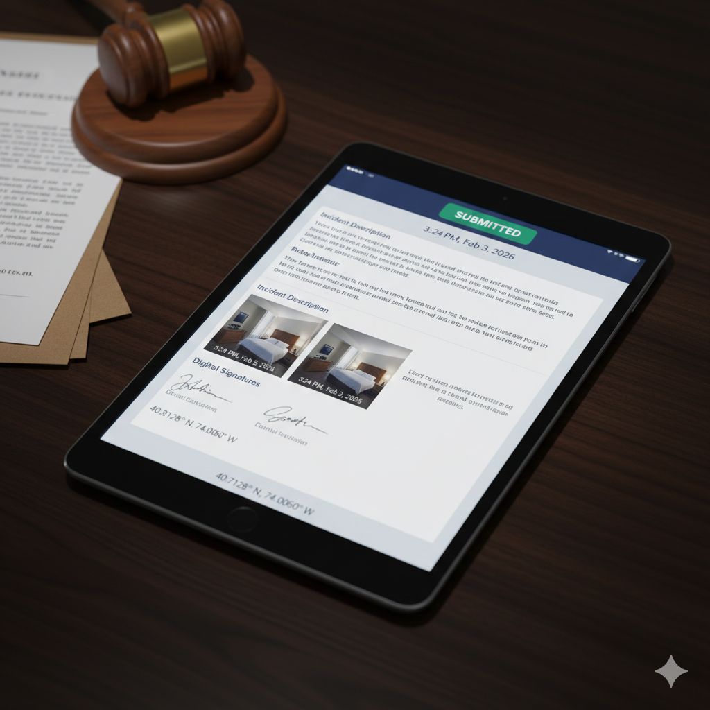 Hotel manager completing detailed incident report on tablet with timestamp and photo evidence