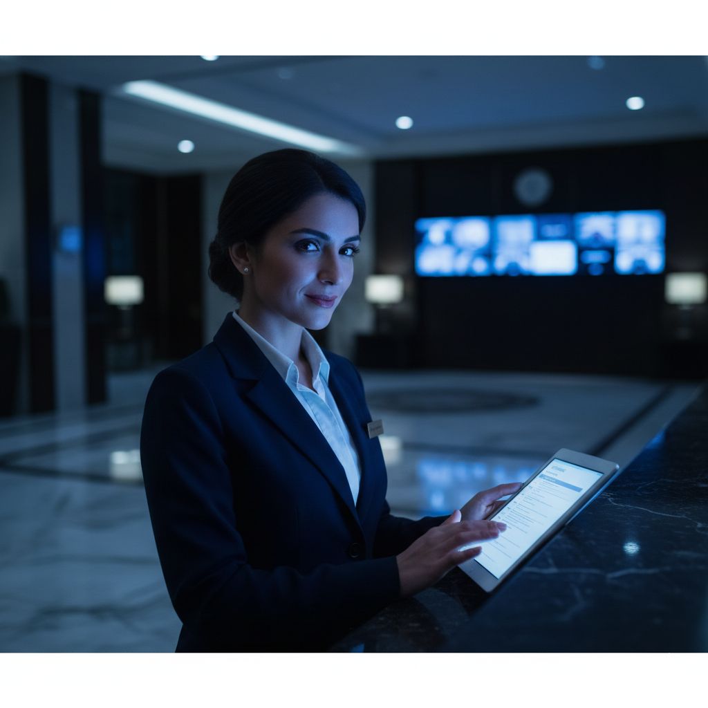 Night manager conducting compliance checks on hotel tablet