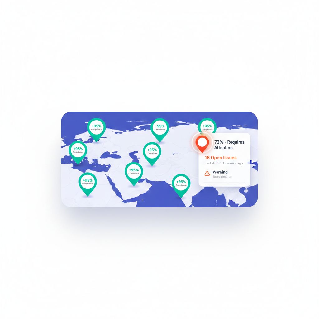 Operations director analyzing property performance data on multi-screen dashboard