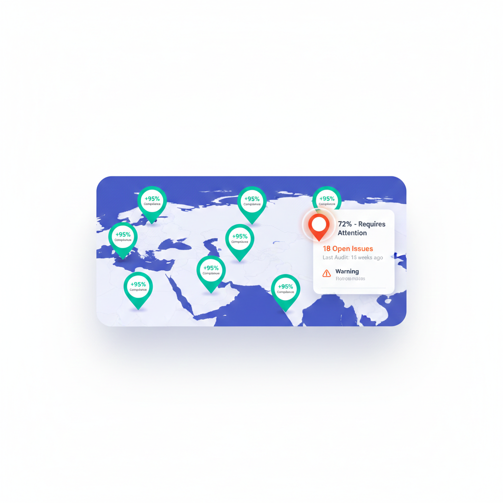 Operations director analyzing property performance data on multi-screen dashboard