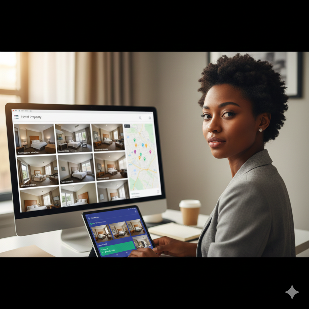 Operations director reviewing hotel room inspection photos on laptop dashboard